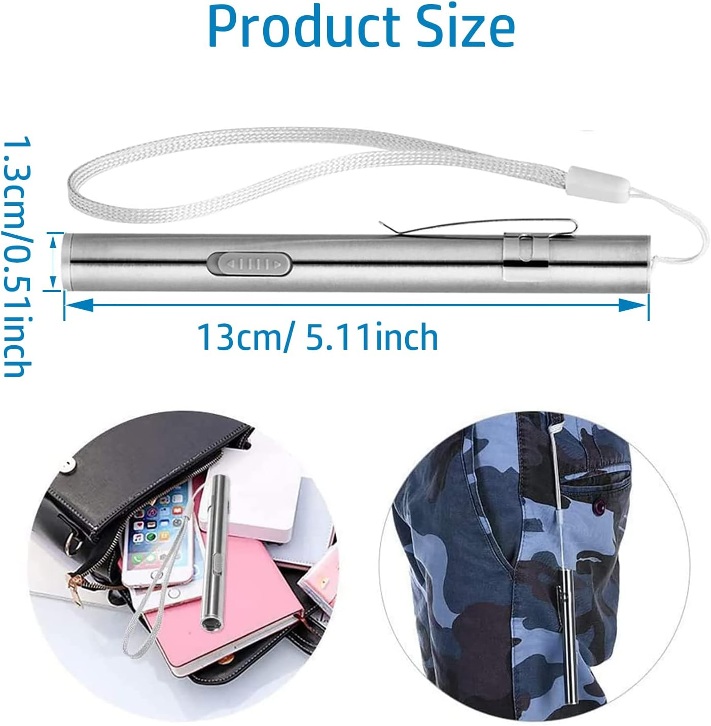 YUENTOEN Pen Light, Mini Pen Torch Light, Rechargeable LED Flashlight with USB Cable for Home Camping Outdoor and Emergency (Silver)