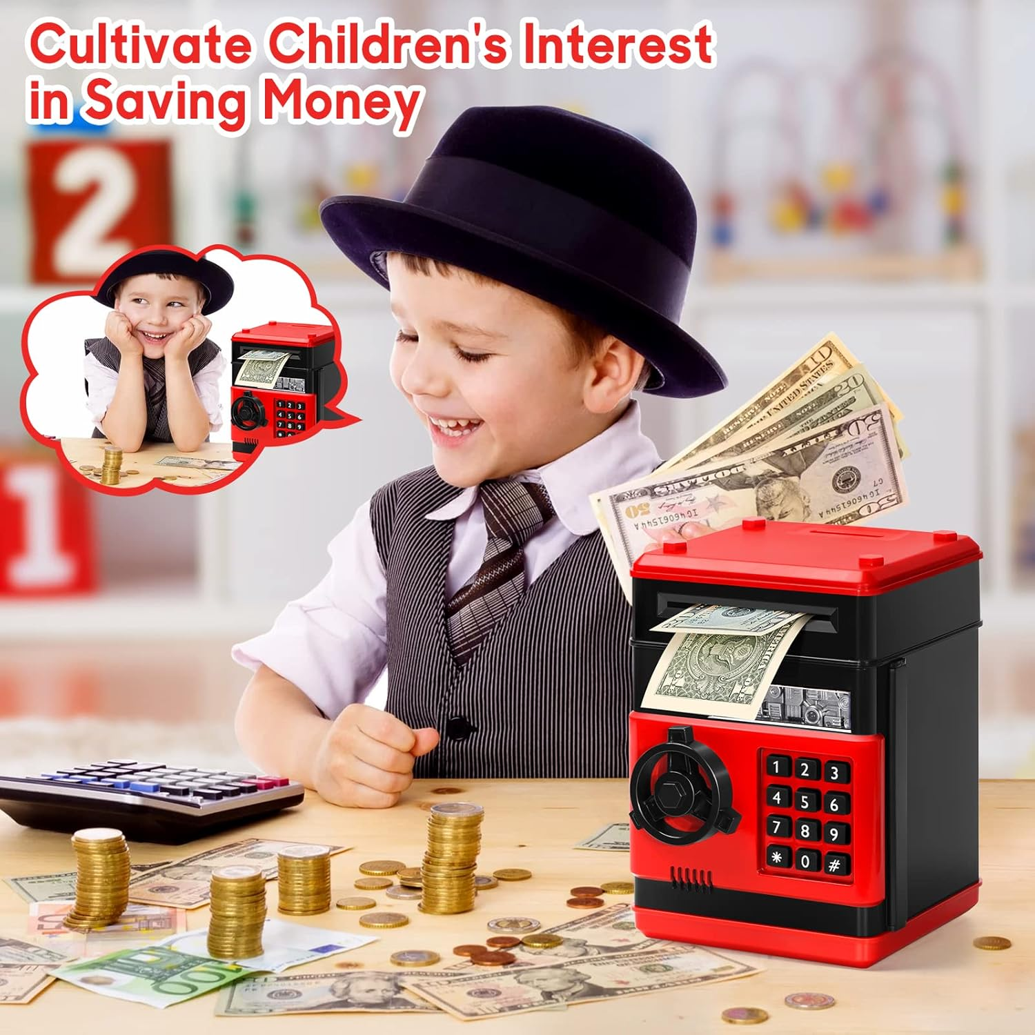Electronic Piggy Bank for Kids, Money Bank with Password/Cute Mini ATM Piggy Bank Coin Can, Auto Scroll Cash Safe Box, Great and Practical Birthday Gifts for Boys & Girls (Black and Red) - Black image number 4