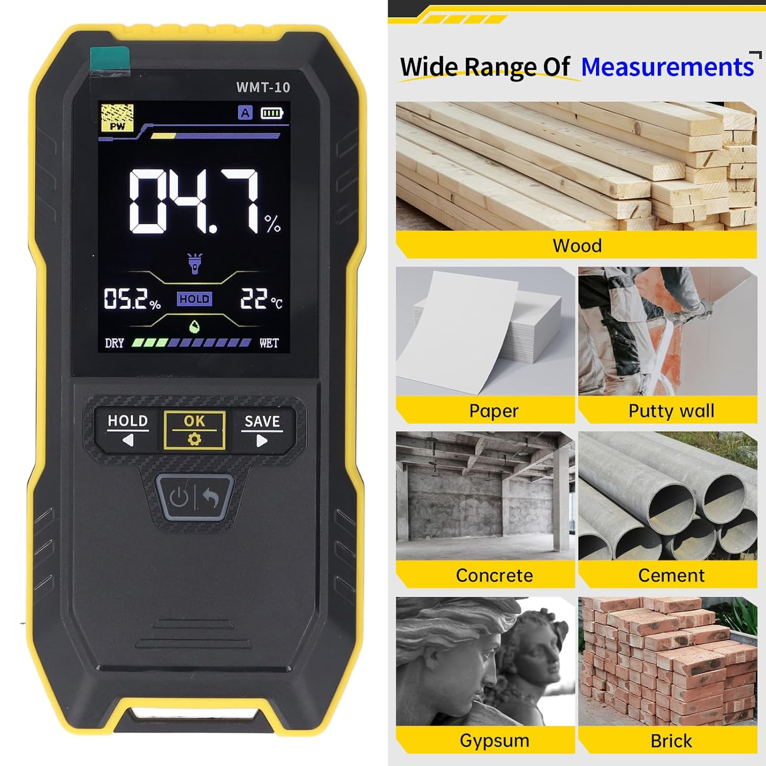 Wood Humidity Meter High Accuracy 2.4 Inch Color Screen Pinless Non Destructive Wall Humidity Tester for Wall Softwood Hardwood image number 3