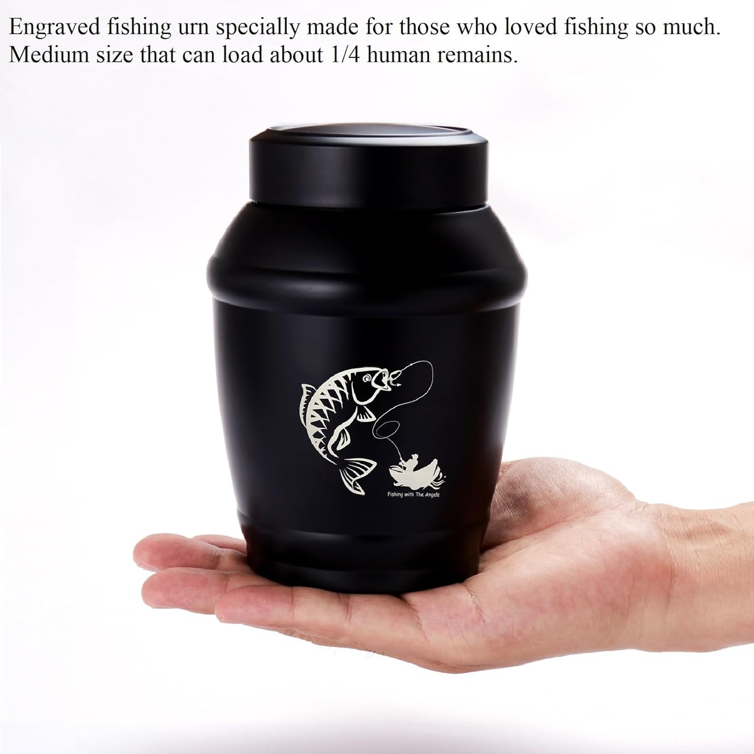 LINES ARTE Medium Go Fishing Urn, 5.7 Inch Black Medium Urns for Human Ashes Adult Male/Dad/Men/Father image number 1