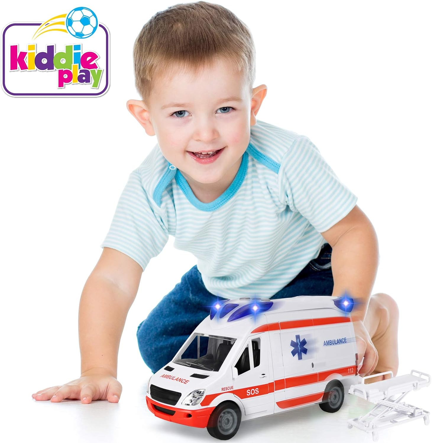 Kiddie Play Ambulance Toy Friction Powered Emergency & Rescue Vehicle Set with Lights and Siren, Doors That Open and a Stretcher image number 2