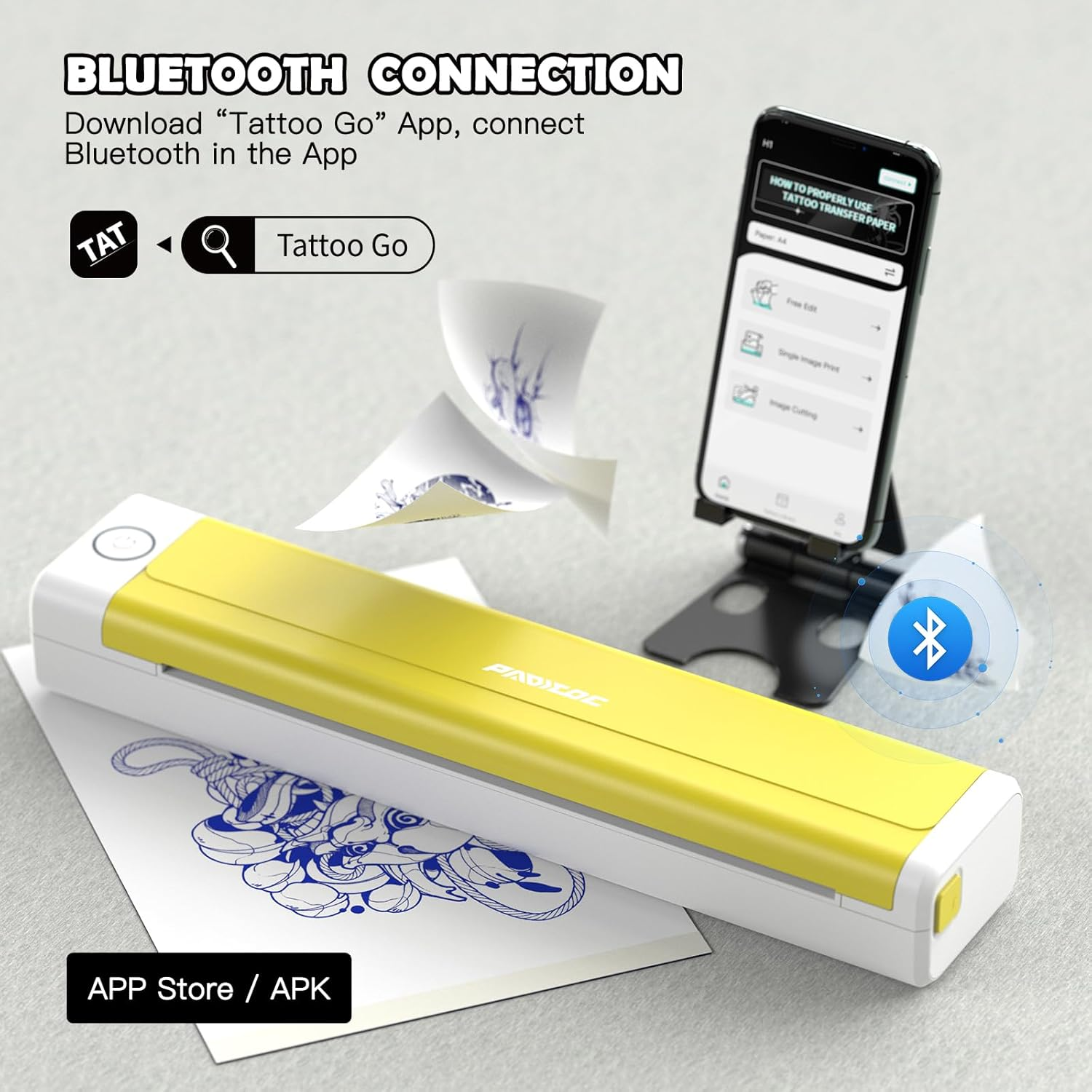 Padieoe Tattoo Stencil Printer with 10Pcs Transfer Paper - Bluetooth, Wireless, 2000Mah - Portable Thermal Printer Machine for Tattooist- 11.5X2.6X1.8In - Yellow image number 2