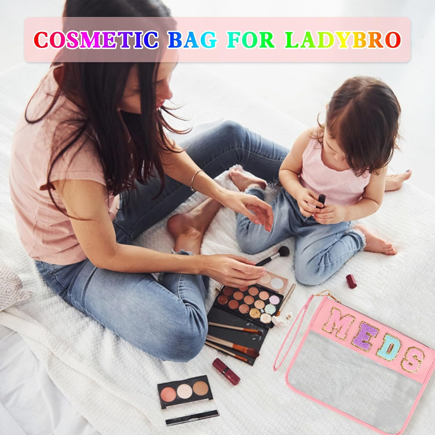 Chenille Letter Clear Zipper Flat Transparent Waterproof Cosmetic Bag Travel Makeup Bag with Zipper Toiletry Bag with Preppy Patch for Women and Kids, Medicines, Cosmetic Bag/Makeup Bag