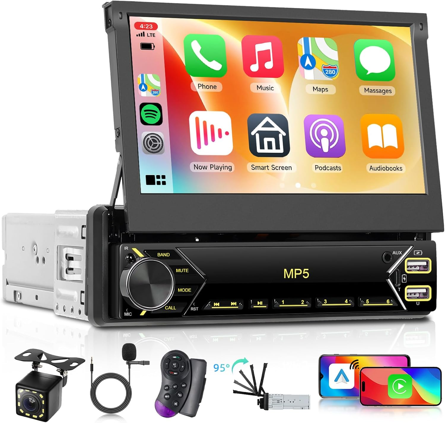 Single Din Flip Out Car Stereo with Wireless Carplay Android Auto, Hodozzy 7 Inch Car Radio Bluetooth with Touch Screen, FM Radio, EQ, SWC, Support U Disk/Usb/Type-C and Reversing Camera image number 3