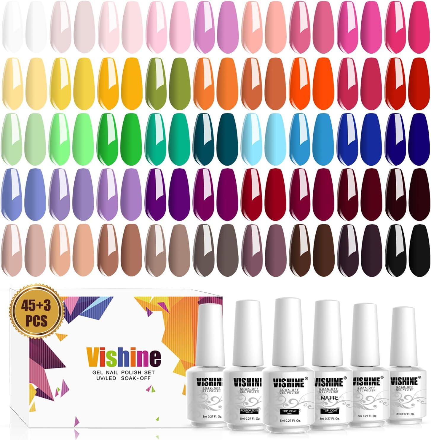 Vishine Gel Nail Polish Set - 45 Color Gel Nail Polish with Base Top Coat Lasting Nail Gel Polish Soak off UV LED Gel Polish Manicure Kit 48Pcs 8Ml image number 5