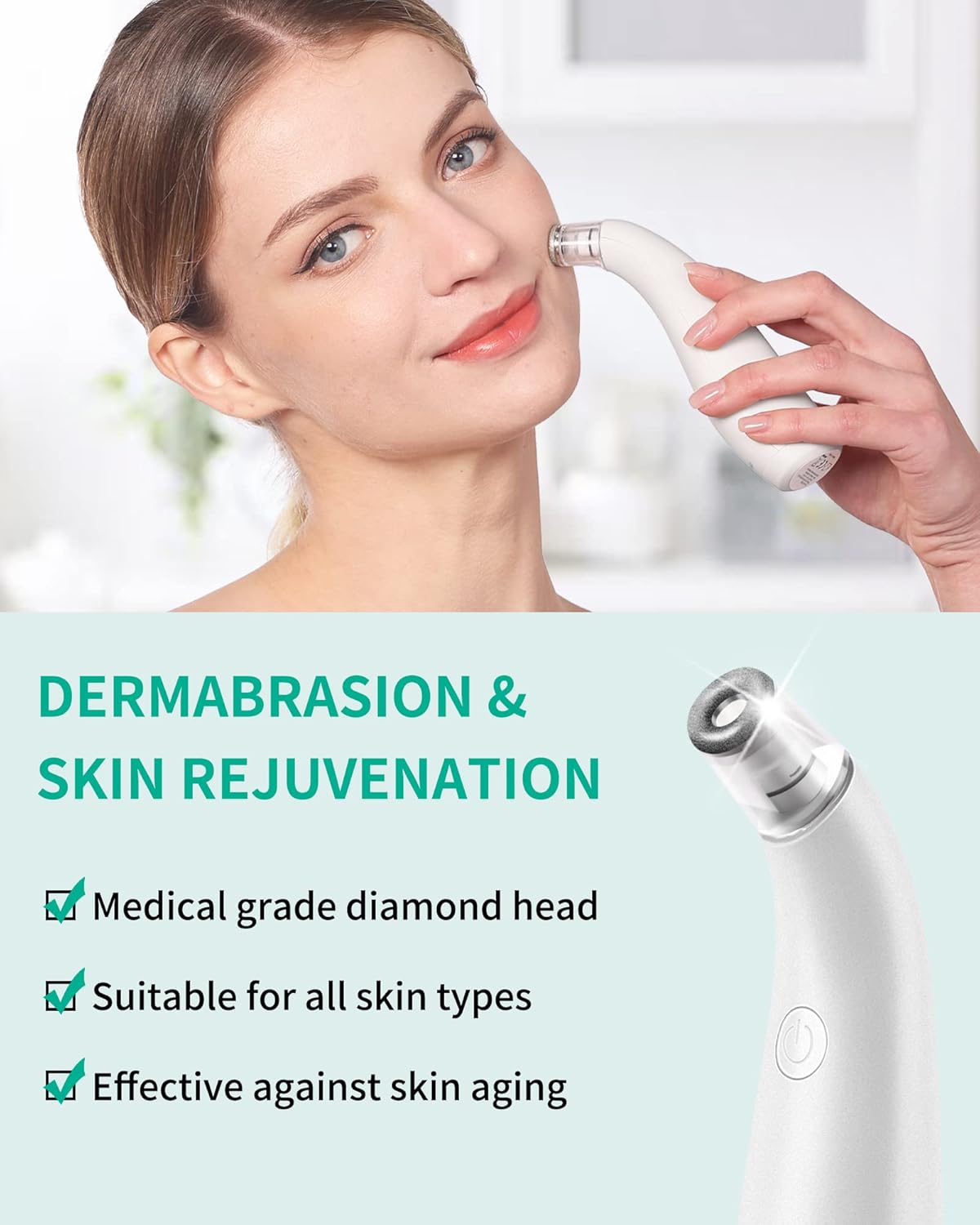 NEWDERMO 2-IN-1 Microdermabrasion Machine & Pore Vacuum Cleaner, 5 Tips & 5 Suction Diamond Microdermabrasion Device USB Rechargeable - Advanced Home Facial Skin Care Treatment Machine(Pure White) image number 4