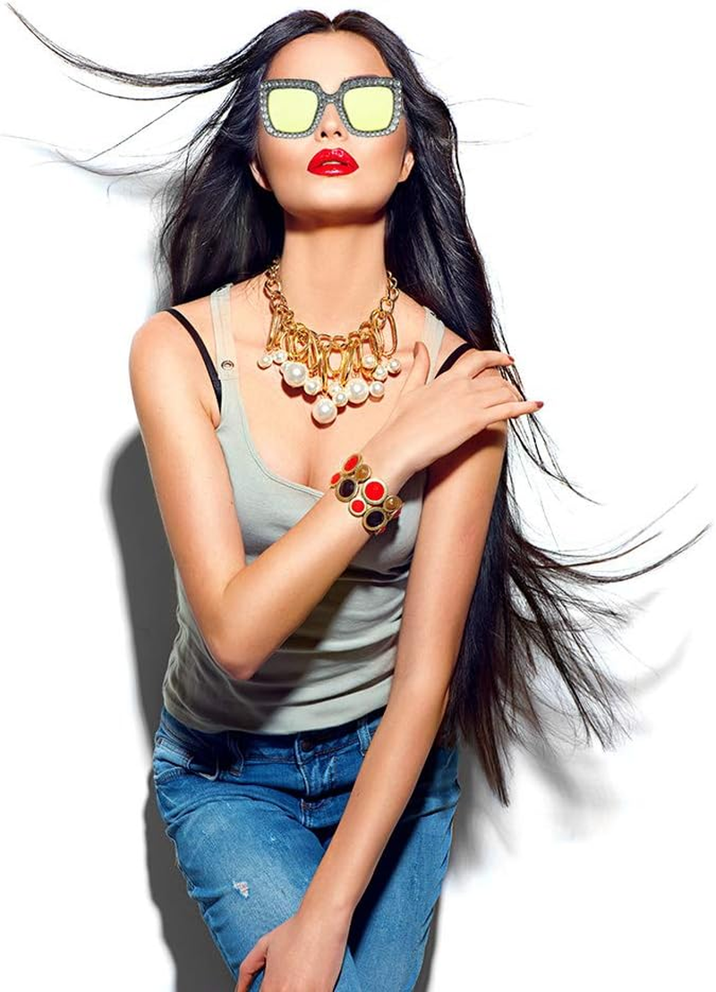 6 Pack Oversized Square Sparkling Sunglasses Retro Thick Frame Rhinestone Sunglasses Bling for Women Girls (Yellow, Pink, Light Yellow, Grey, Tawny), Light Gray, Clear Pink, One Size image number 5