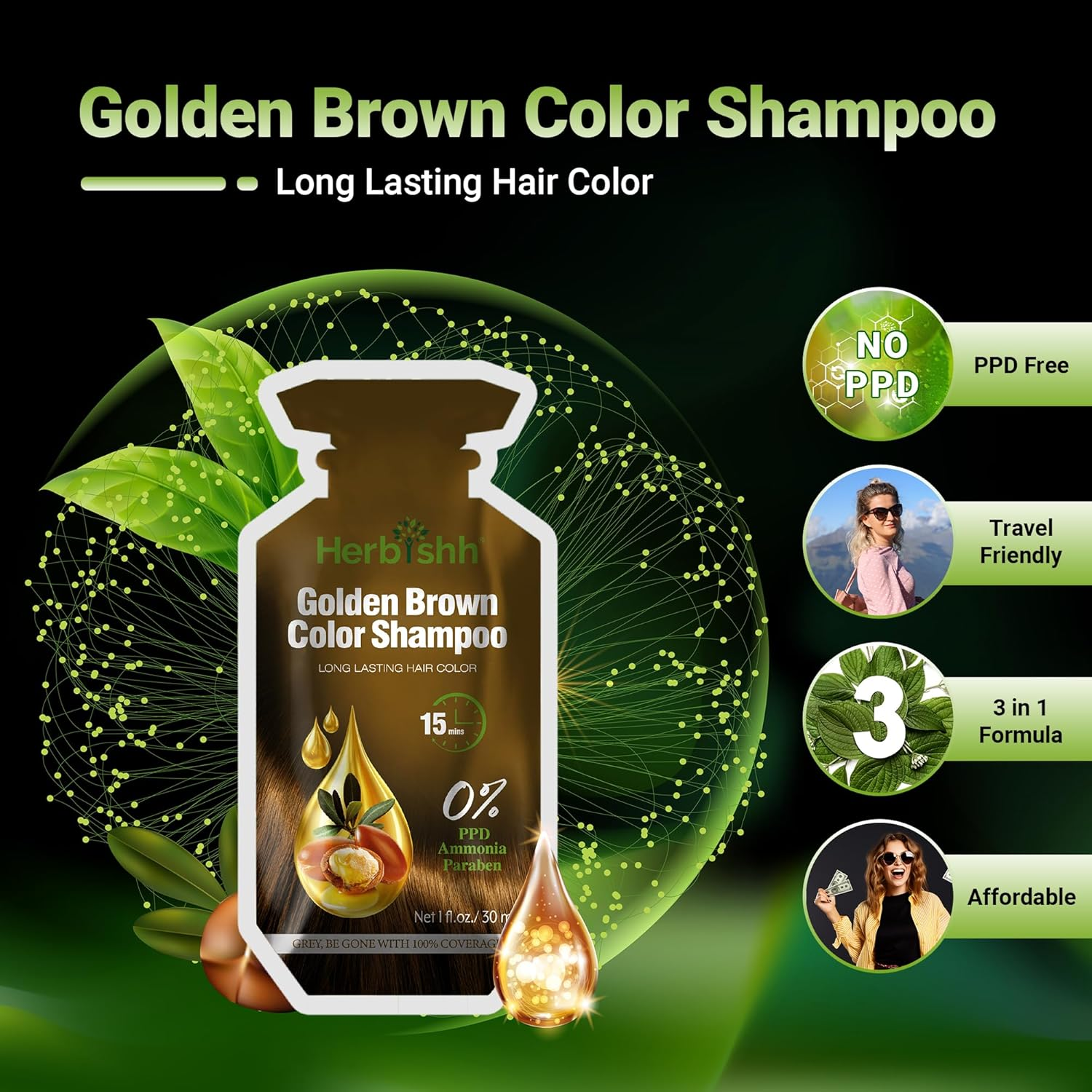 Herbishh Hair Color Shampoo 10 Sachet +1 Argan Hair Mask Pouch | 3 in 1 Hair Dye | PPD Free | Easy to Use | Gray Coverage | Travel Size | Available in 6 Colors | Long Lasting Hair Color | (Golden Brown) image number 3