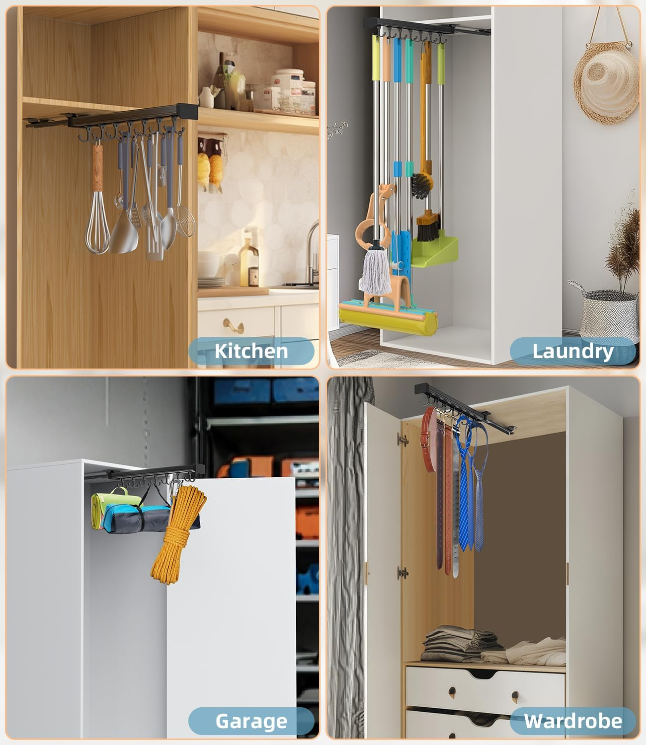 Primzooty Pull Out Broom Holder with Adjustable Double Row Sliding Hook, Multifunctional Slide Broom and Mop Storage/Organizer Garage Organization Hooks, for Closet Laundry - 41Cm/16.14Inch image number 2