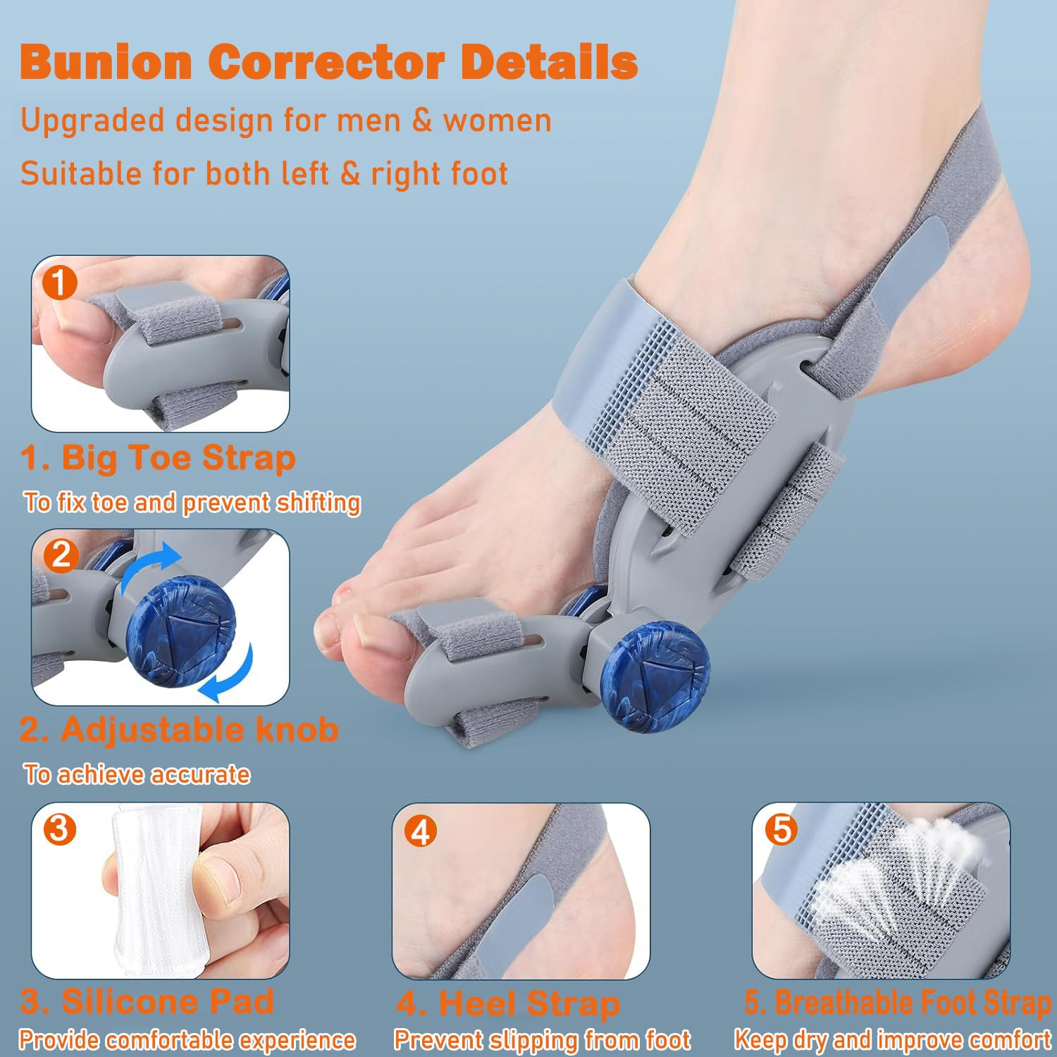 Bunion Correctors for Men and Women, Adjustable Knob Toe Straightener, for Bunion and Big Toe Pain Relief, Adjustable Bunion Splints (Gray)