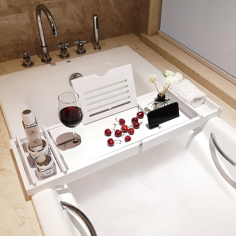 Tootoo Expandable Bathtub Caddy Tray Bamboo Bath Table over Tub with Wine & Book Holder image number 2