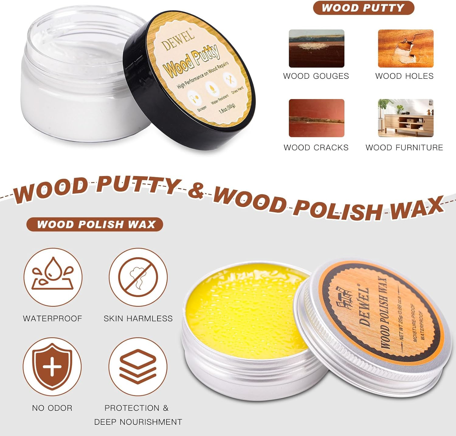 DEWEL Furniture Markers Touch up Kit, 12 Colors Wood Markers Furniture Repair, Wood Polish Wax and Wood Putty Filler, Wood Stain Pen for Scratches, Stains, Wooden Floor, Table, Cabinet, Bedpost image number 1