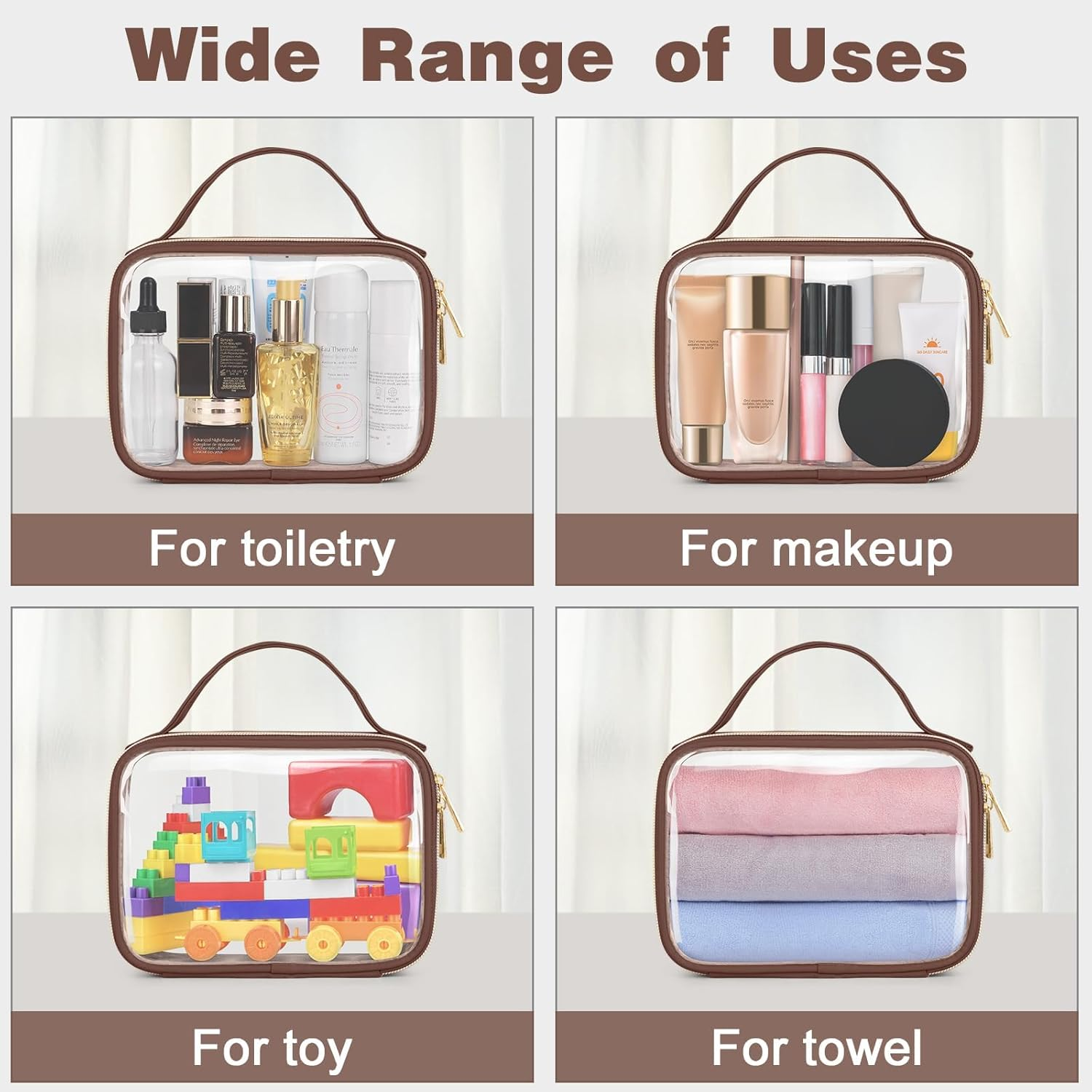 TSA Approved Toiletry Bag, 2 Pack Clear Makeup Bags with Handles, Quart Size PVC Clear Cosmetic Bags for Women and Men, Carry on Airport Airline Compliant Bag, Brown image number 3