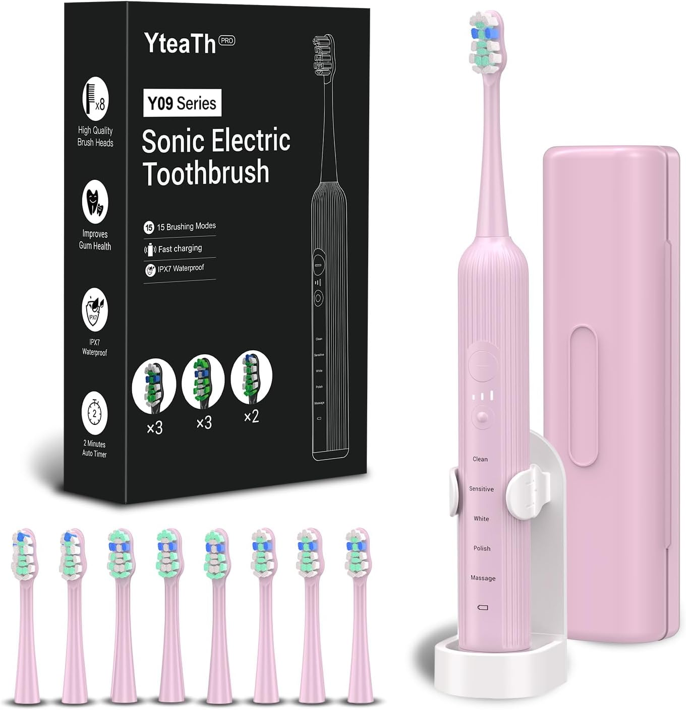 Electric Sonic Toothbrush for Adults & Children, 5 Cleaning Modes with 3 Intensity Levels, Timer, 8 Replacement Brush Heads & Travel Case, Rechargeable Sonic Toothbrush