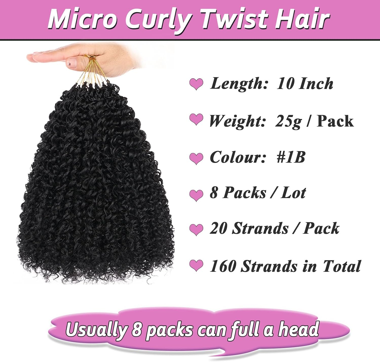 Samtress 10 Inch Pre Looped Micro Curly Twist Crochet Hair Synthetic 8 Packs Black Micro Twist Kinky Curly Crochet Hair Yanky Twist Crochet Hair Extensions for Black Women (#1B) image number 3