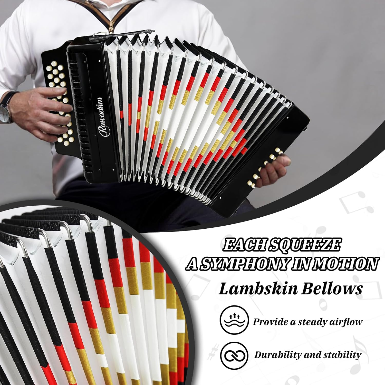 Accordion - 31 Keys, 12 Bass Professional Diatonic, Premium Portable Button Accordion for Adults & Beginners with Thick Protective Case (Black) - Gray image number 4