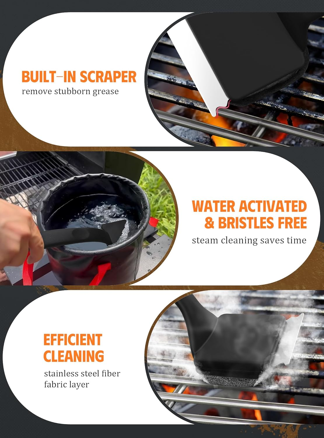 MEKER Grill Brush Bristle Free, Grill Cleaner Brush with 5 BBQ Replacement Head for Cast Iron, Stainless Steel Grates, Safe Grill Scraper Outdoor BBQ Grill, Black image number 4