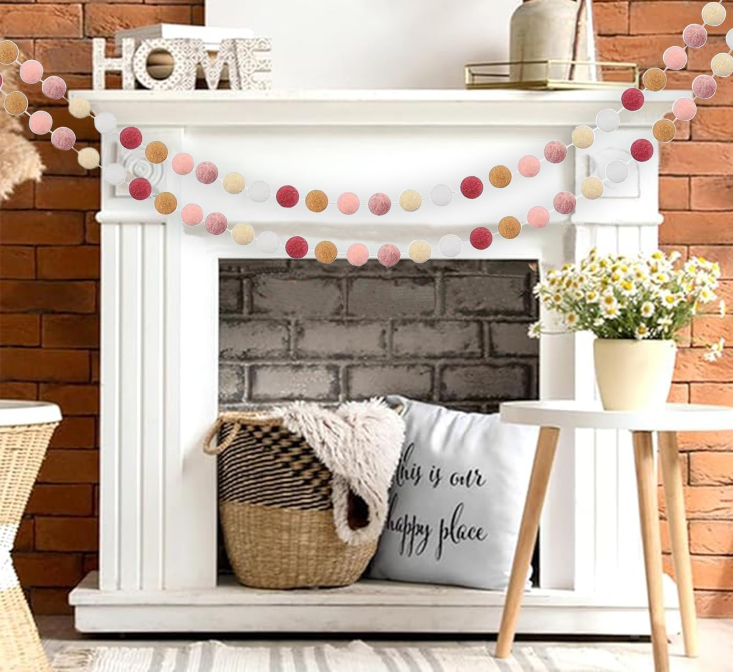 Pom Pom Felt Ball Garland, 6.6 Feet, 30 Balls, Colourful Boho Decor for Party, Home, Nursery, 3 Pieces (Rose Pink) image number 1