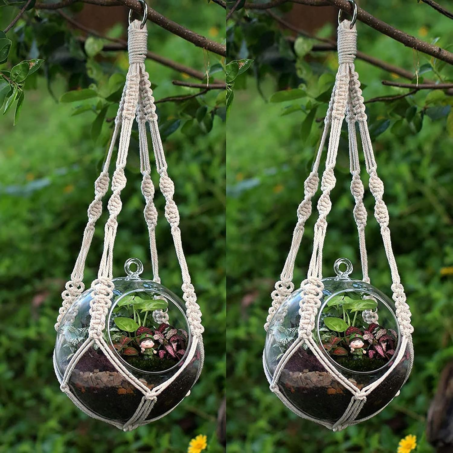 2 Pack Macrame Plant Hanger Indoor Outdoor Hanging Planter Natural Manual Knitted Cotton Macrame Cord Plant Hanger with Ring for Home Decor Ceiling Wall Planters Hanging, 20 Inch image number 3