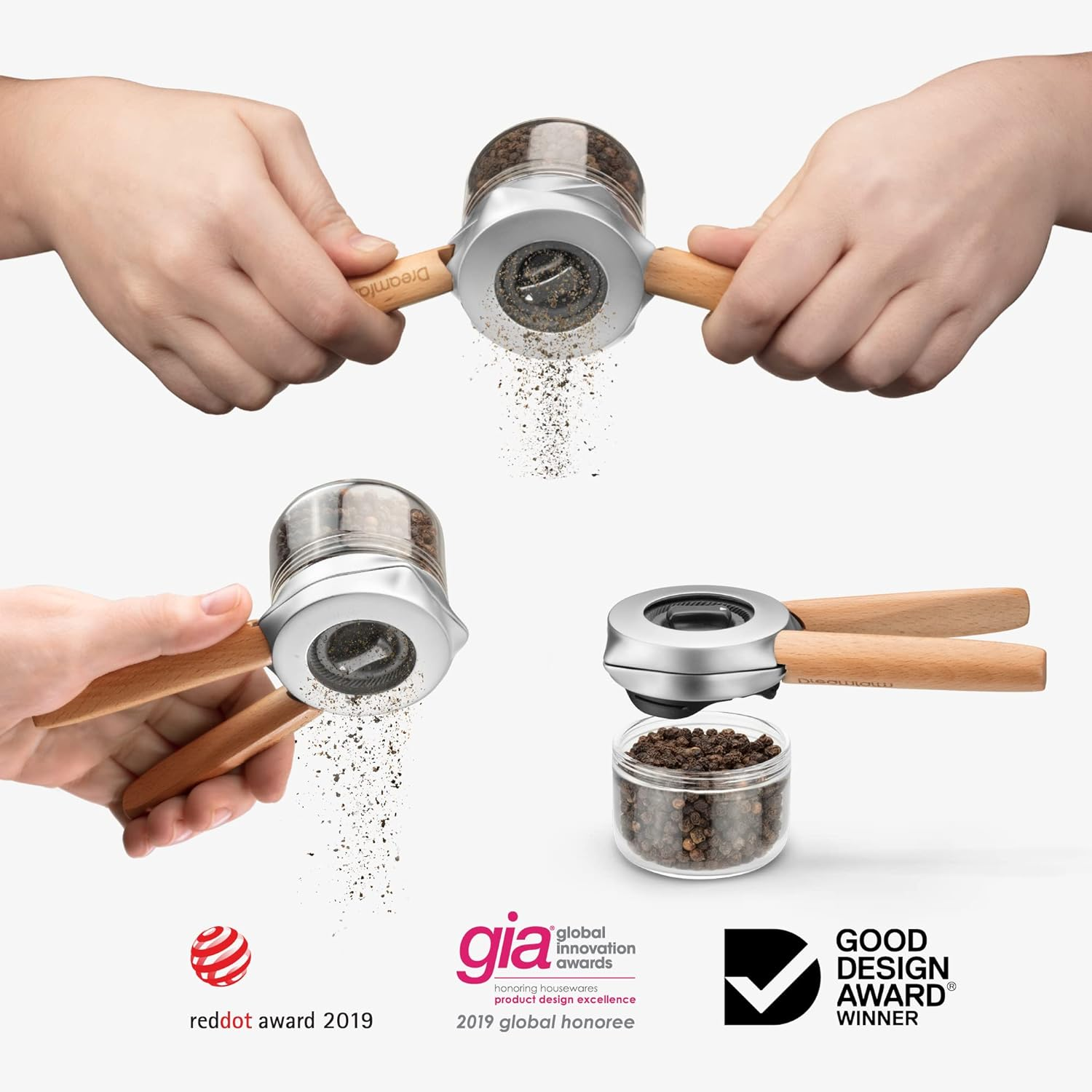 Dreamfarm Ortwo Original Ergonomic 1-Or-2-Handed Re-Fillable Pepper, Spice, Seed, Coffee Mill with 6 Grind Settings - 2Oz Beechwood image number 1