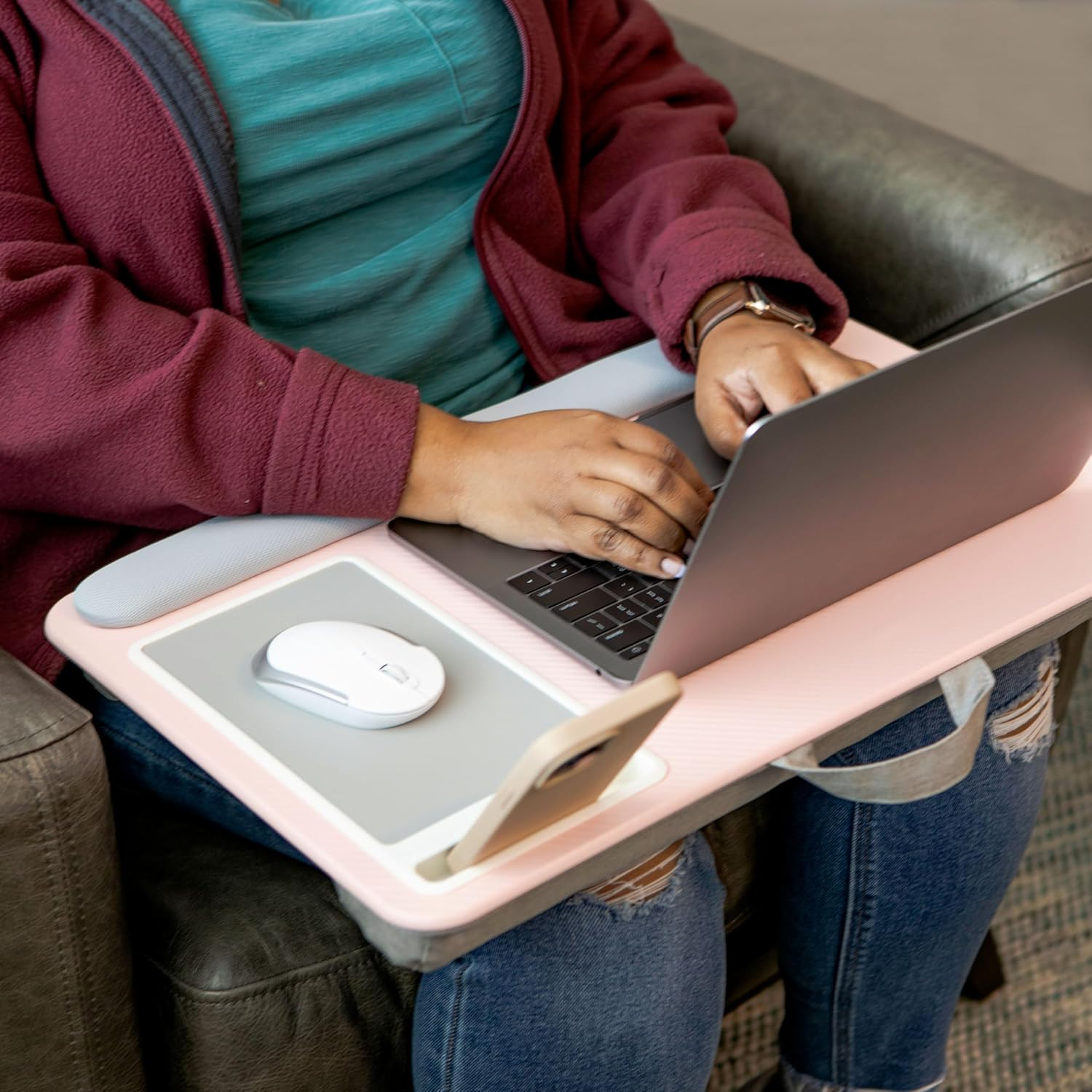 LAPGEAR Home Office Pro Lap Desk with Wrist Rest, Mouse Pad, and Phone Holder - Pink - Fits up to 15.6 Inch Laptops - Style No. 91604 image number 5
