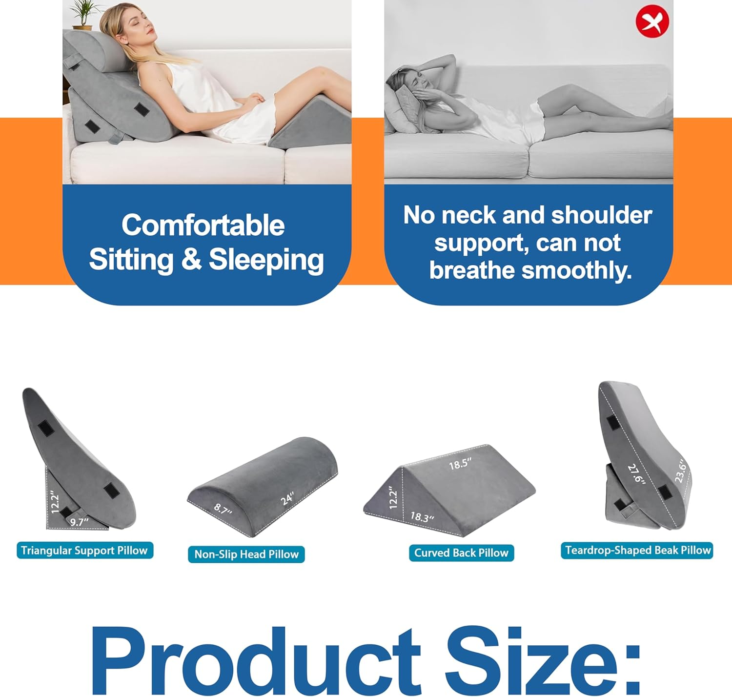 4 Pcs Orthopedic Bed Wedge Pillow for Sleeping - Memory Foam Pillows for Back, Neck & Leg Support, Ideal for Pain Relief & Snooring - Wedge Pillow Set with Machine Washable Cover image number 1