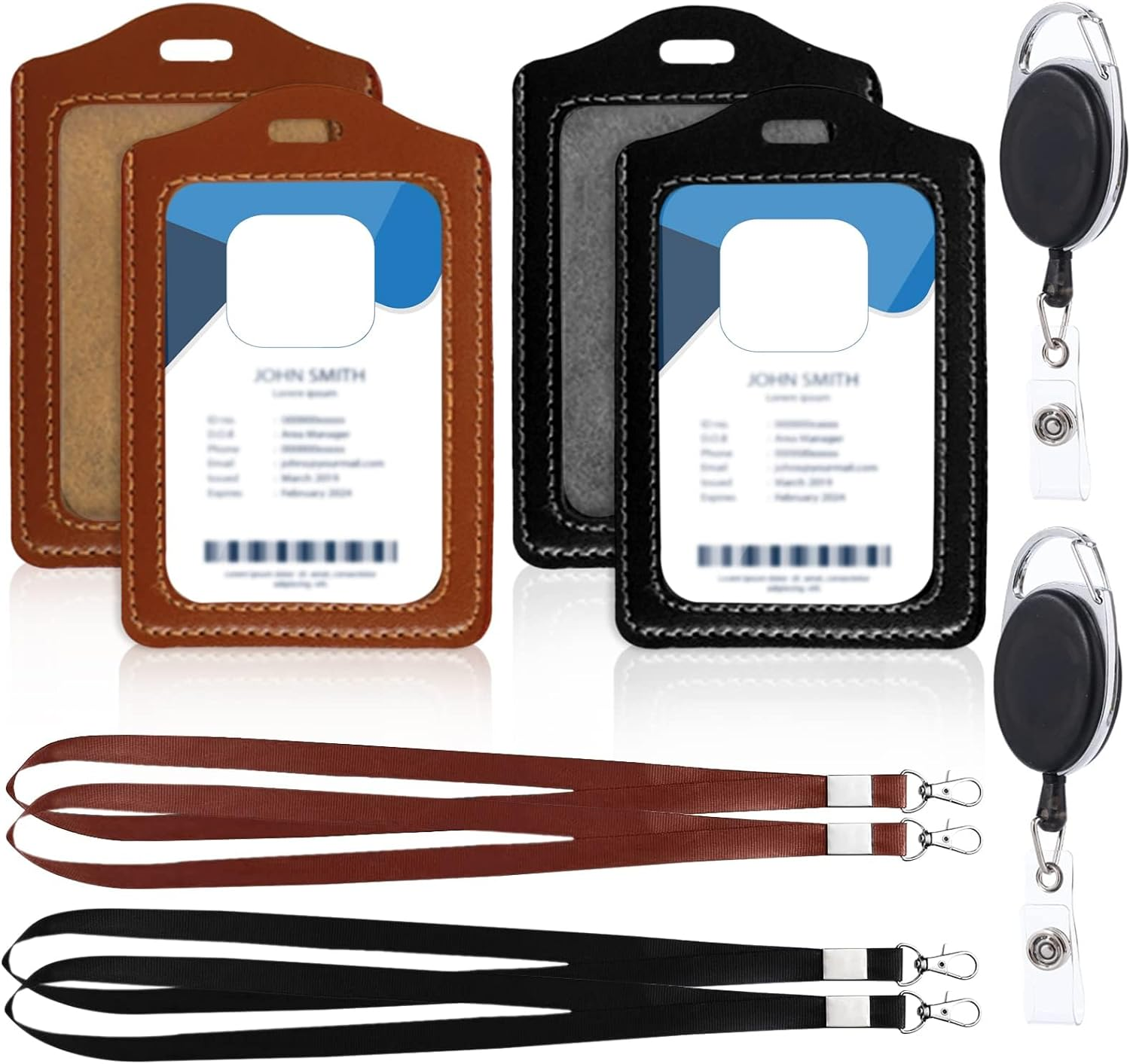 Badge Holder, 4 Pcs Leather ID Card Holder, Clear ID Window Card Holder for School Office (Black, Brown) image number 4