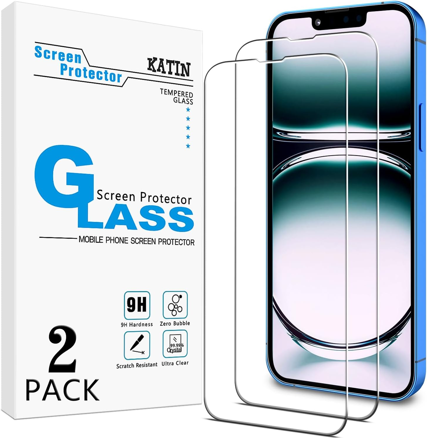 KATIN [2-Pack] Designed for Iphone 13, Iphone 13 Pro Tempered Glass Screen Protector, Easy to Install, anti Scratch, Case-Friendly
