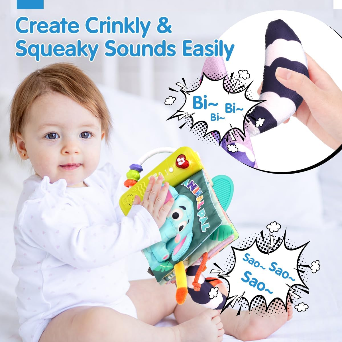REMOKING Baby Books 0-3-6-12 Months,3D Touch and Feel Crinkle Cloth Book for Baby Infant, Sensory Toys Tummy Time Books W/Music,Mirror,Teether,Colorful Beads,Baby Shower Gifts,Stroller Travel Toys image number 3
