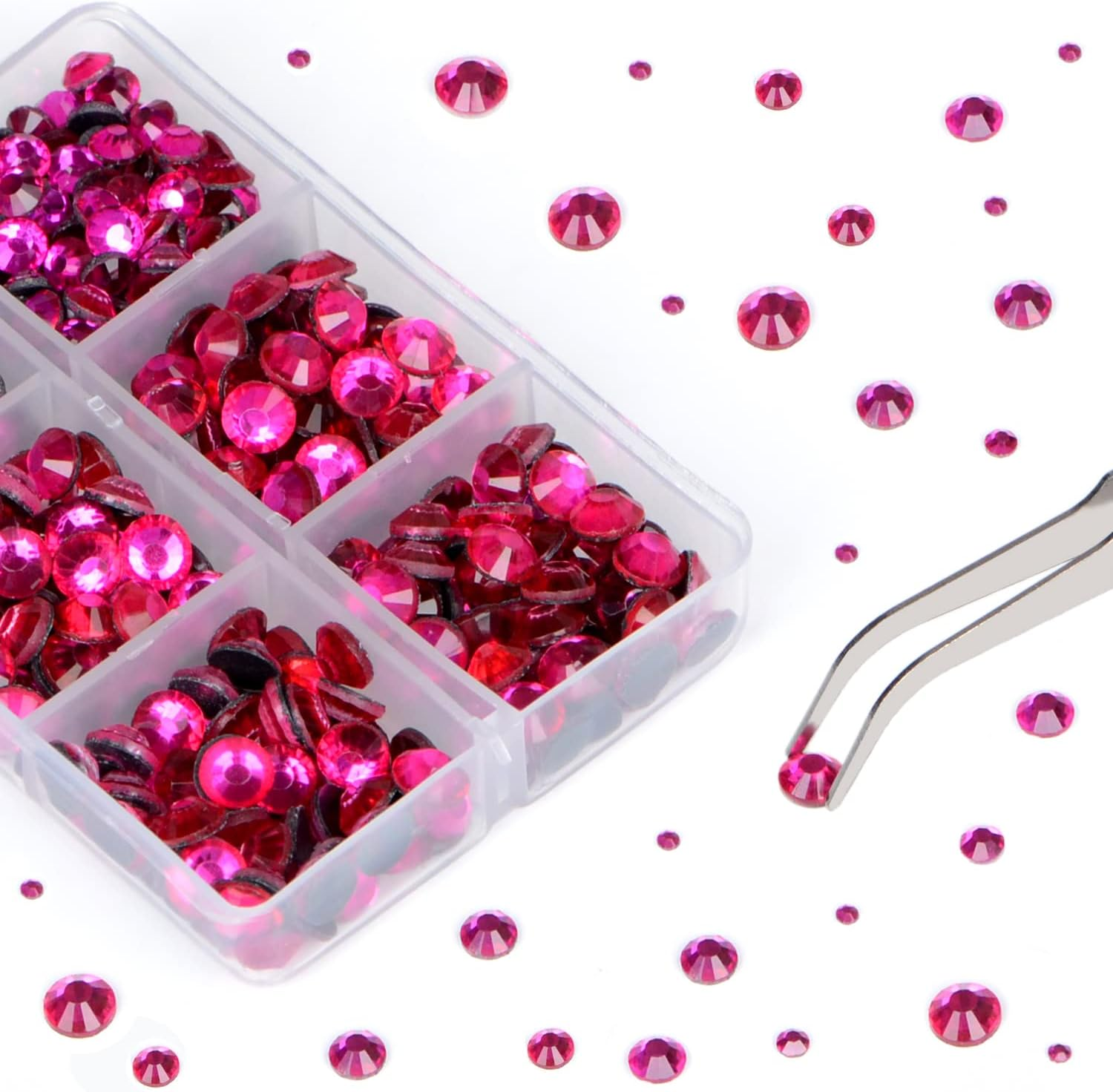 QOGIR 6300Pcs Fuchsia Hotfix Rhinestones for Crafts Clothes DIY with Tweezers and 2 Picking Pens Mixed Size Flatback Rhinestone image number 5
