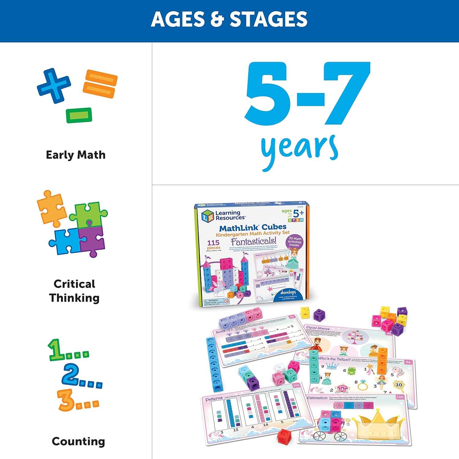 Learning Resources Mathlink Cubes Kindergarten Math Activity Set: Fantasticals! 115 Pieces, Ages 5+ Kindergarten STEM Activities, Math Activity Set and Games for Kids image number 6