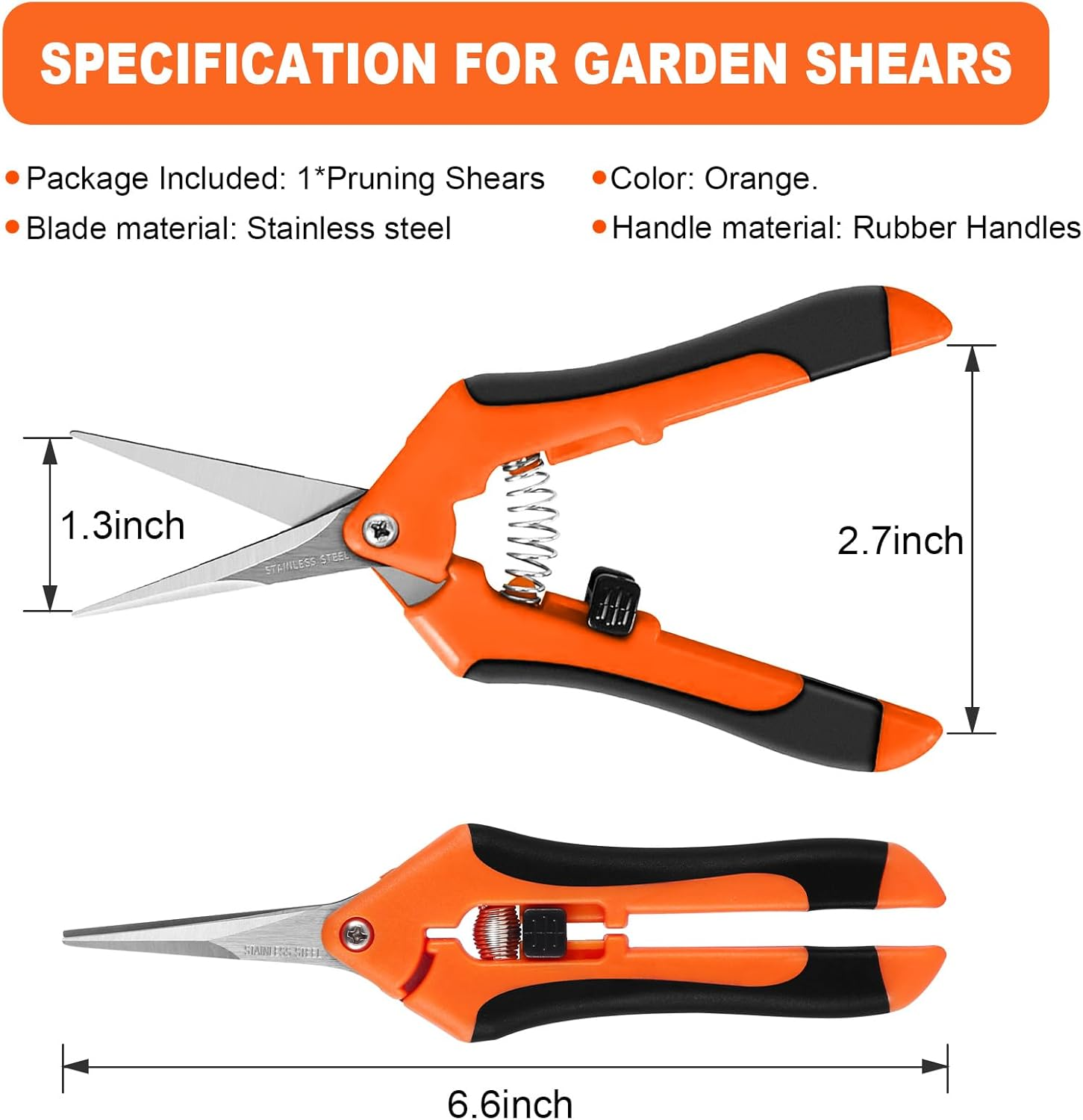Wevove Pruning Shears, Garden Shears,6.5 Inch Gardening Scissors Hand Pruner with Straight Precision Stainless Steel Blades 1Pack(Orange)