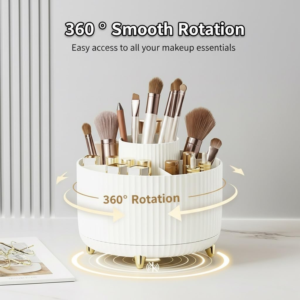 Spinning Makeup Brush Holder, 360&deg; Rotating Makeup Brush Organizer with 5 Slots, Large Capacity Cosmetic Storage Cup for Makeup Brushes, Lipsticks, Nail Polish, Bathroom Vanity Organizer(Pure White)