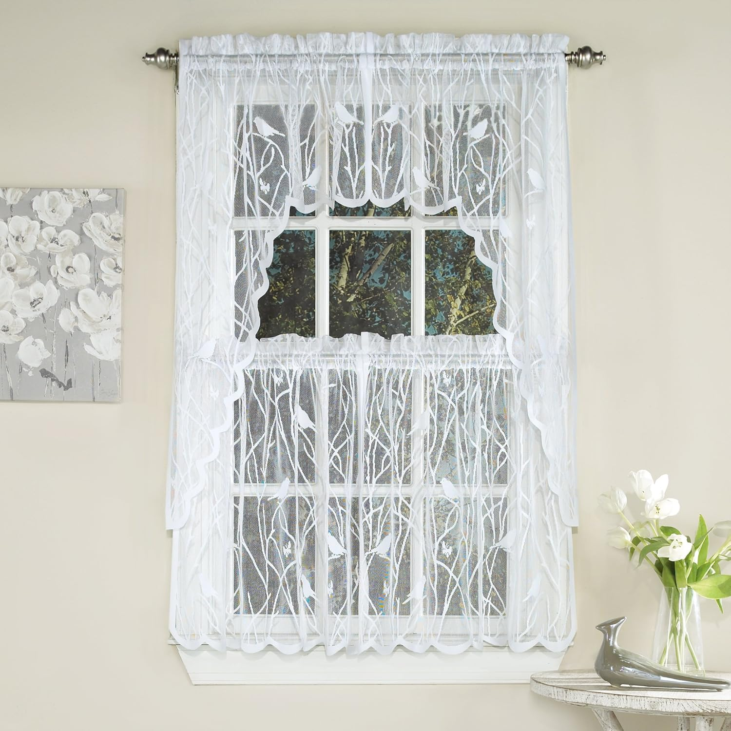 Sweet Home Collection 5 Pc Kitchen Curtain Set, Swag, Valance, Songbird White, 24" Tier Pair image number 5