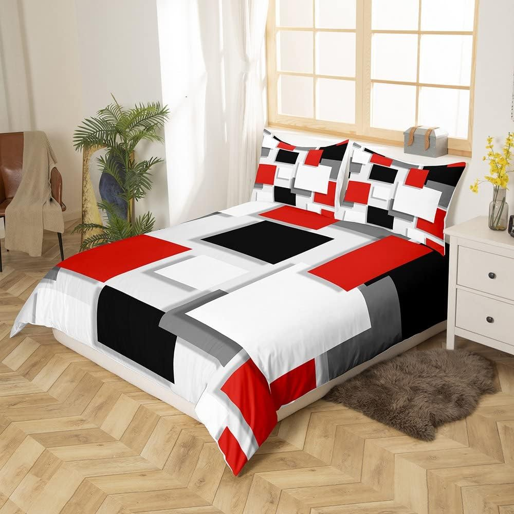 Geometric Square Duvet Cover Red Grey Black White Duvet Cover for Children Teenagers Modern Geometric Grid Ombre Bedspread Soft 135 X 200 Cm Modern Simple Graphic Printed Bed Linen image number 4