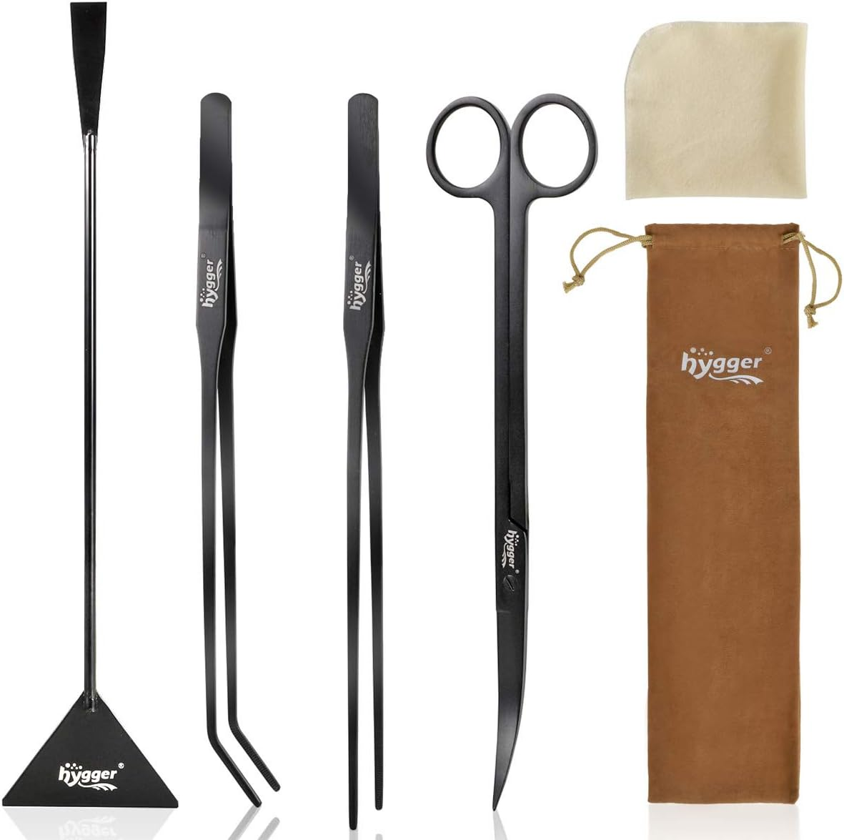 Hygger Long Stainless Steel Premium Aquarium Tools, 4 PCS Aquatic Plant Tweezers Scissors Spatula Kits Comes with 1 Cleaning Cloth, for Fish Tank Starters