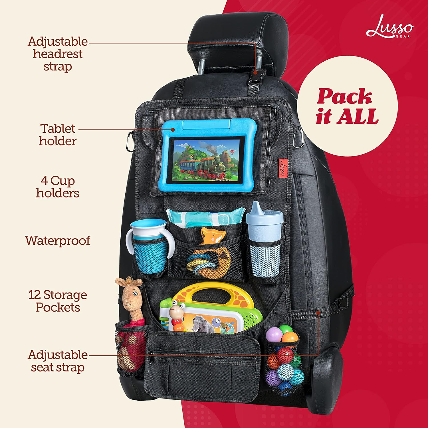 Lusso Gear Heavy Duty Back Seat Car Organizer Extra Large for Protection, Sag Proof & Reinforced Corners, Protects Ipad & Backseat, 12 Versatile Car Seat Organizer Storage Compartments (Black) - Black With Red Stitching image number 5
