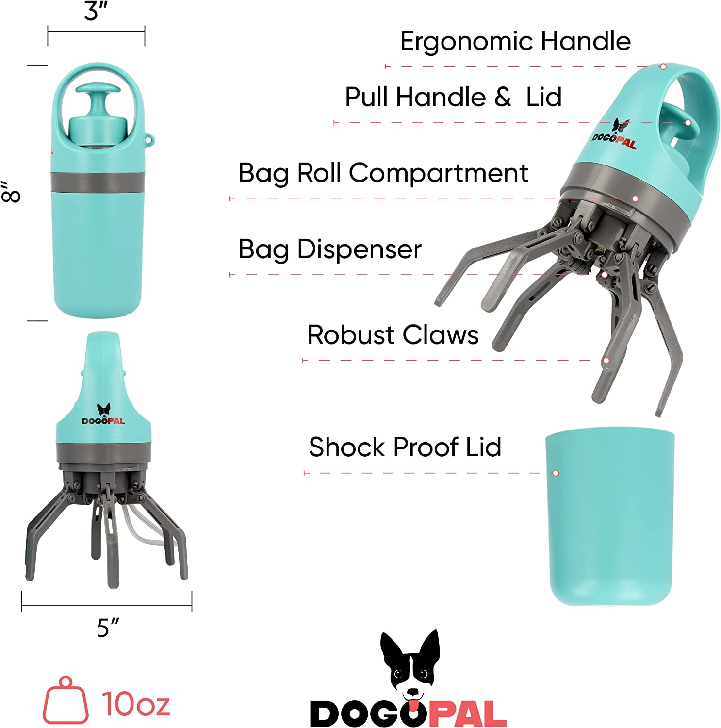 DOGOPAL 360 Dog Poo Grippers with Waste Bag Dispenser - Modern Dog Poop Scoop with Dog Waste Bag Dispenser - Pooper Scooper - Easy to Collect Dog Waste for Small, Medium and Large Dogs image number 1