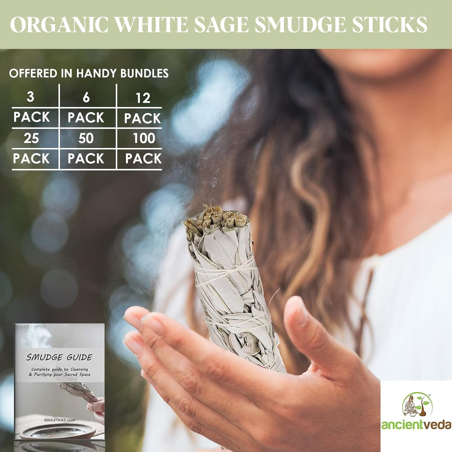 Ancientveda 4 Inch White Sage Smudge Sticks Bulk (3 Pack) - Cleansing House | White Sage for Smudging and Negative Energy Yoga - California Sage Bundles image number 7