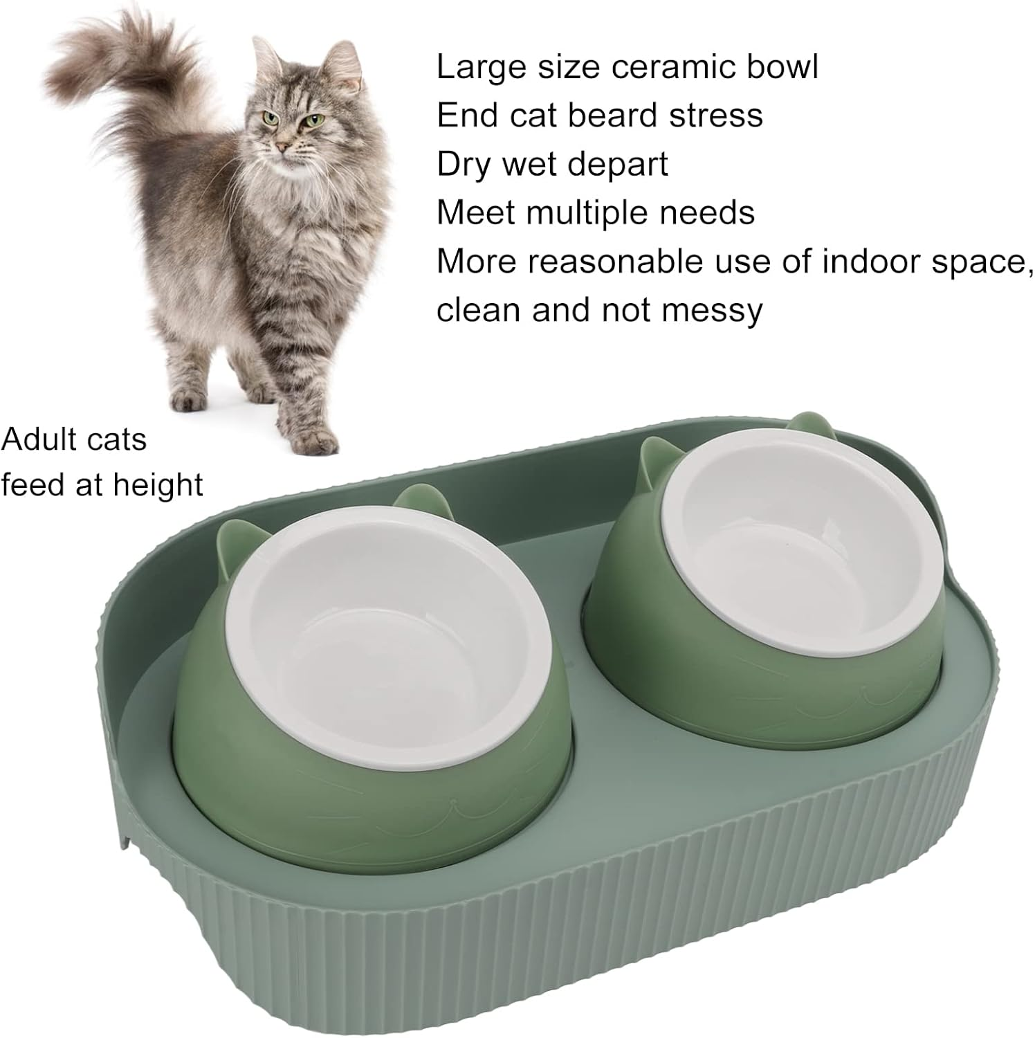 Ceramic Cat Food and Water Bowl, Kitty Bowl, Cat Dish, Ceramic Pet Bowl Set Food Grade anti Double Food Water Bowls for Cats Dogs Kittens and Puppies(Green) image number 2