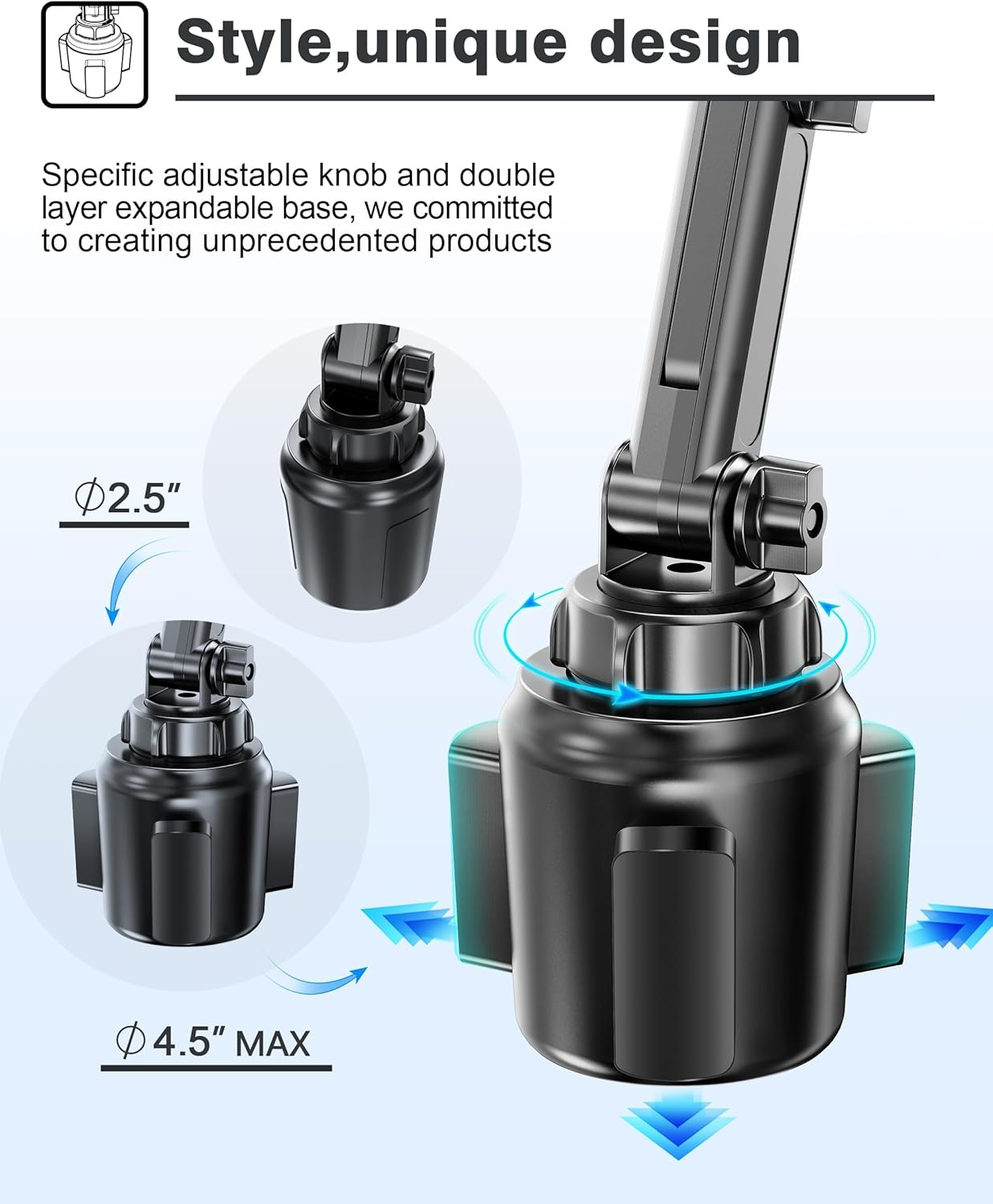 TOPGO TP-TD-03 Cup Holder Phone Holder, [No Shaking & Stable & Adjustable Pole] Car Cup Holder Phone Mount, Cell Phone Cradle for Iphone 14, Samsung and More Smart Phone(Black),11 Inch