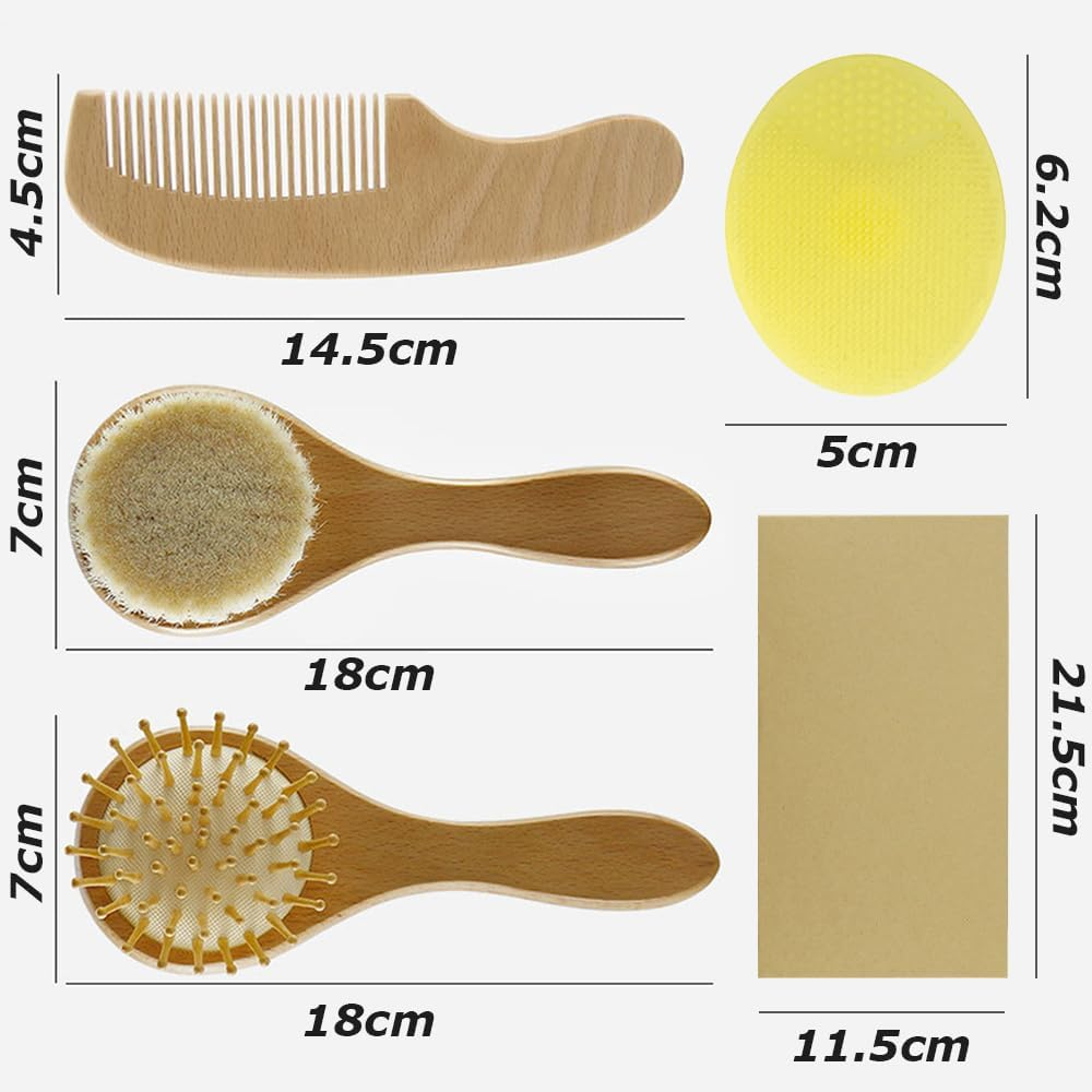 4 Pcs Infant Hair Brush,Wood Baby Cradle Cap Comb,Yellow Silicone Brush,Baby Hair Brush,Wool Brush Set,Cradle Cap Brush,For Newborns and Toddlers image number 4