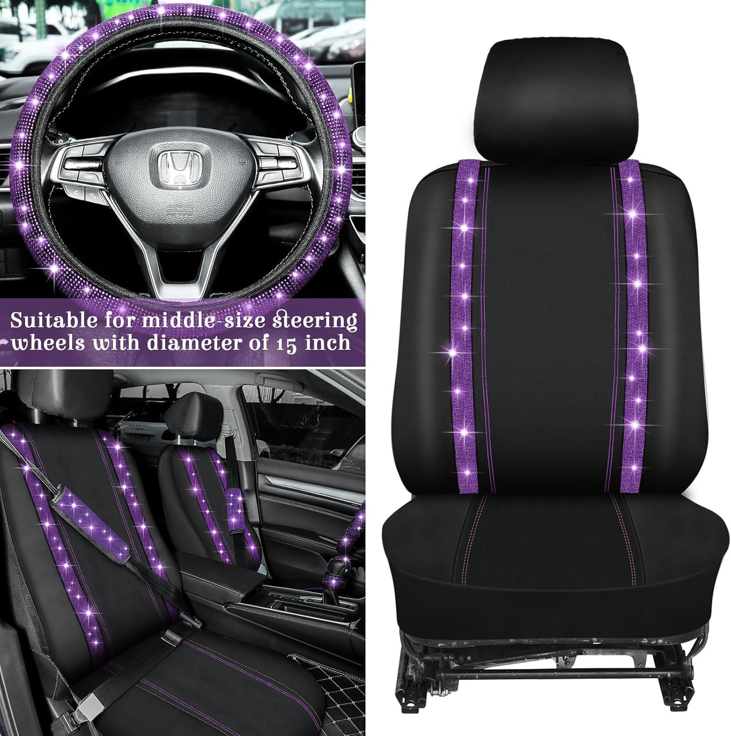 Bling Car Seat Covers Set Car Diamond Accessories with Shiny Bling Car Seat Covers Bling Steering Wheel Cover Seat Belt Pads Glove Glitter Center Pad Cup Drill Rings Universal (Purple, Front Seat) image number 3