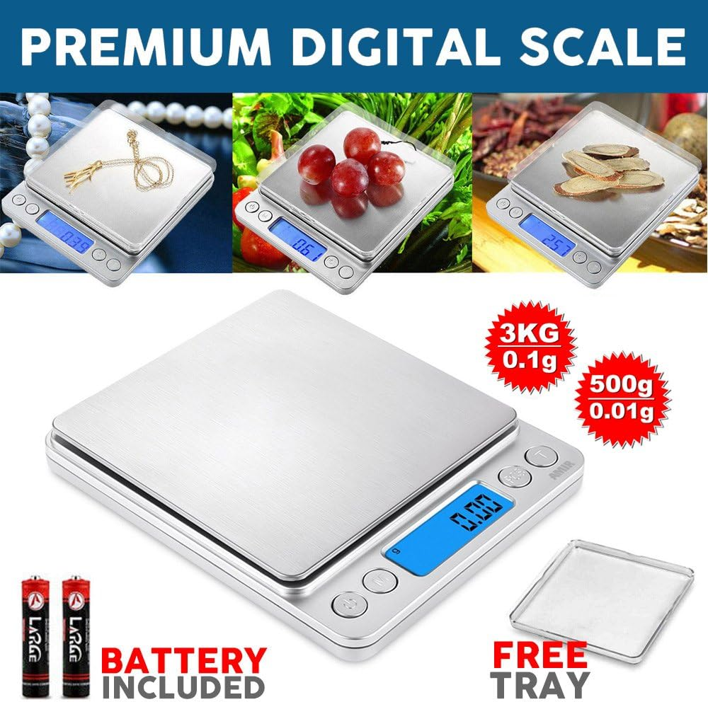 Digital LCD Electronic Scale Kitchen Food Balance Weight Postal Scales 3Kg (0.1G) / 500G (0.01G) (3Kg)