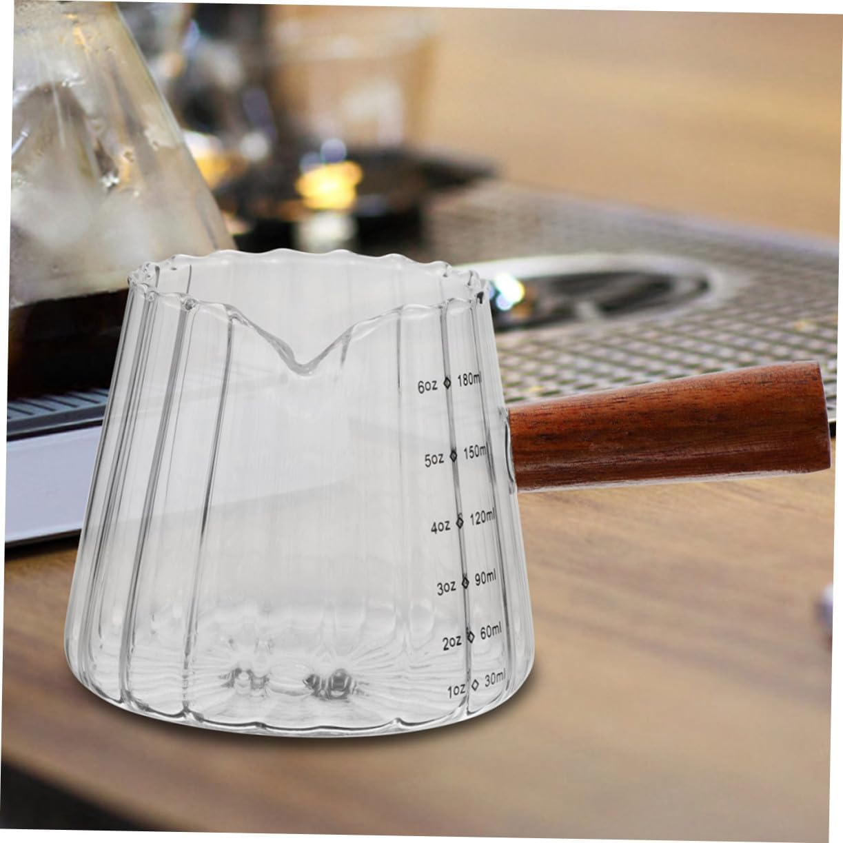 GLEAVI 2Pcs Glass Espresso Measuring Cups with Wooden Handle Milk Frothing Pitchers for Coffee Portion Control Heat-Resistant Mixing Jugs for Home Bar image number 3