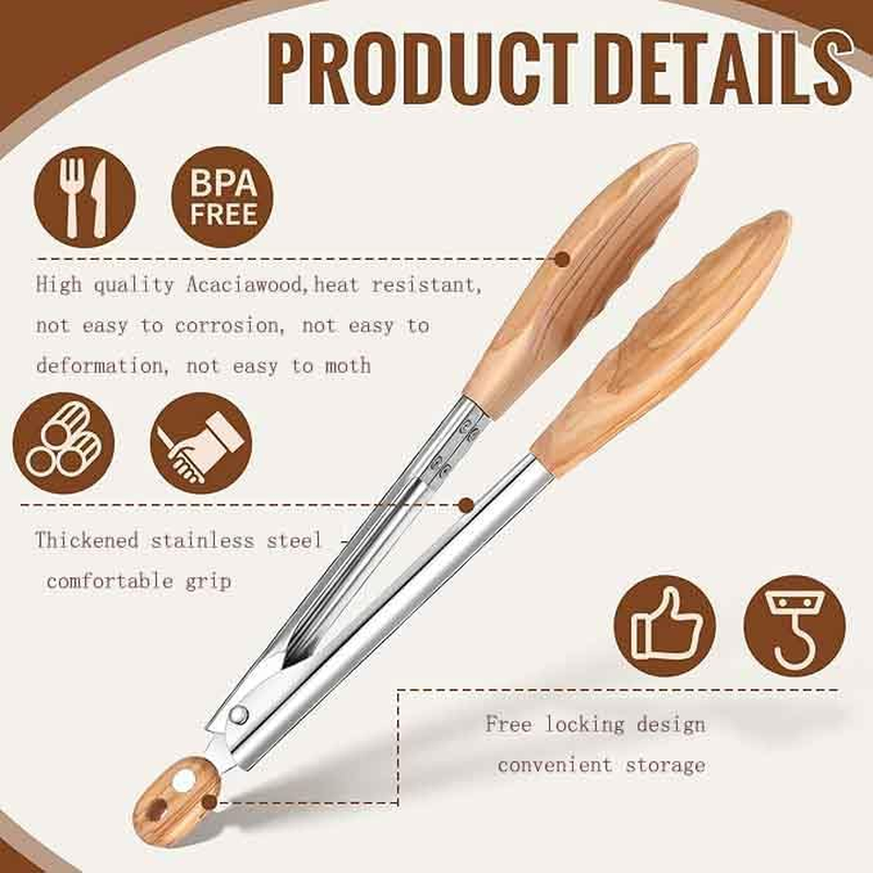 Cooking Tongs (2) Wooden Kitchen Tongs Long Handle with Non-Slip Grip,Wooden Utensil Set for Serving Salad Desserts Flipping Burgers Grilling Etc image number 6