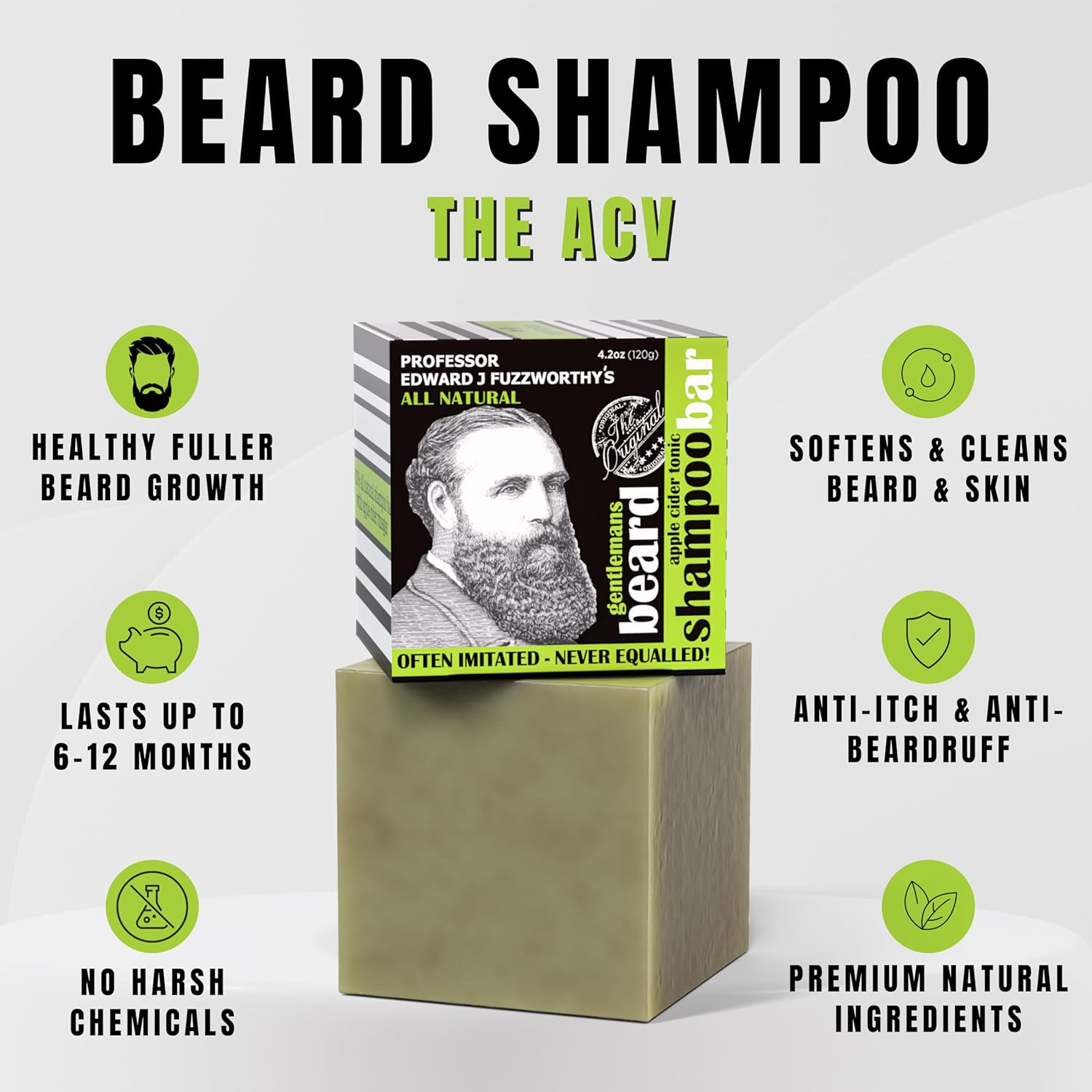 Professor Fuzzworthy'S Apple Tonic Beard SHAMPOO Bar - Light Refreshing Scent - 100% Natural Premium Ingredients | Promotes Healthy Beard Growth - 120G image number 2