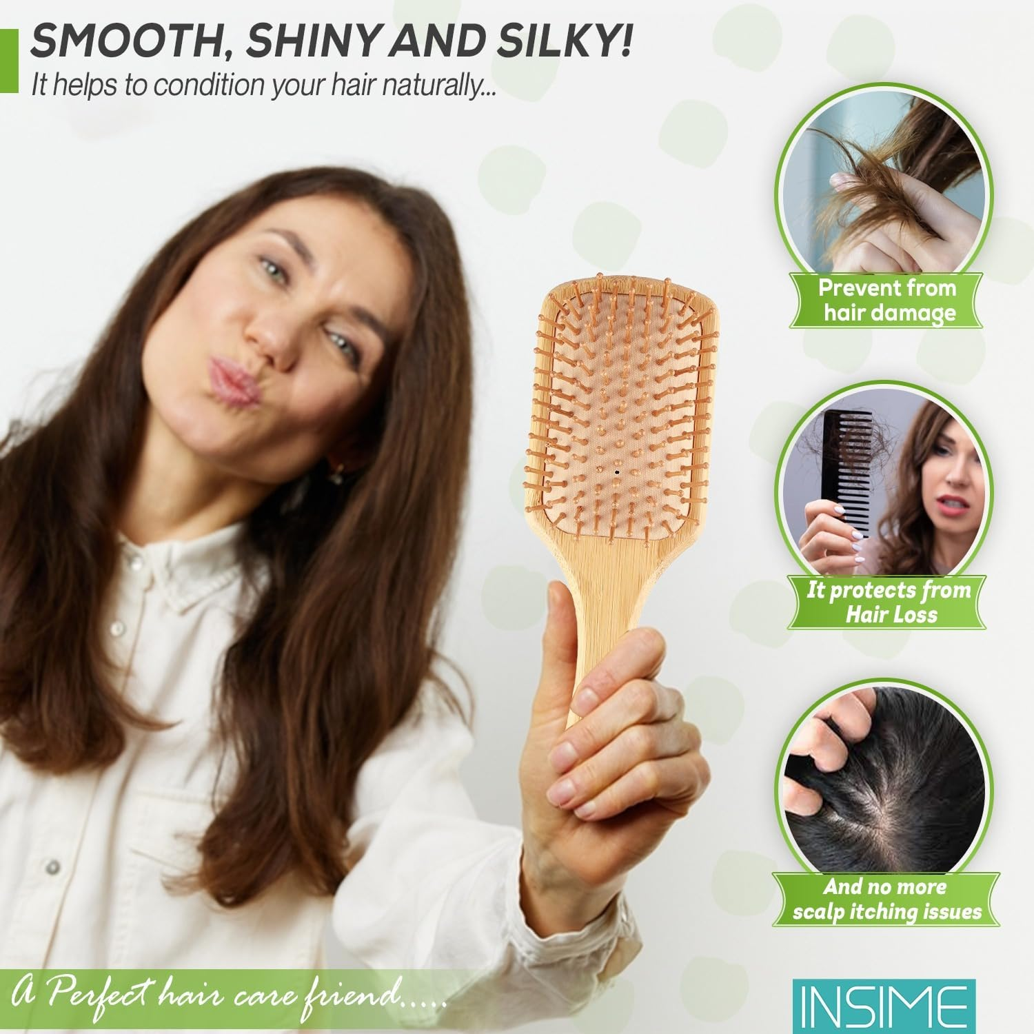 INSIME Bamboo Hair Brush with Bristles | Wooden Paddle Brush for Women & Men | Large Hairbrush image number 4