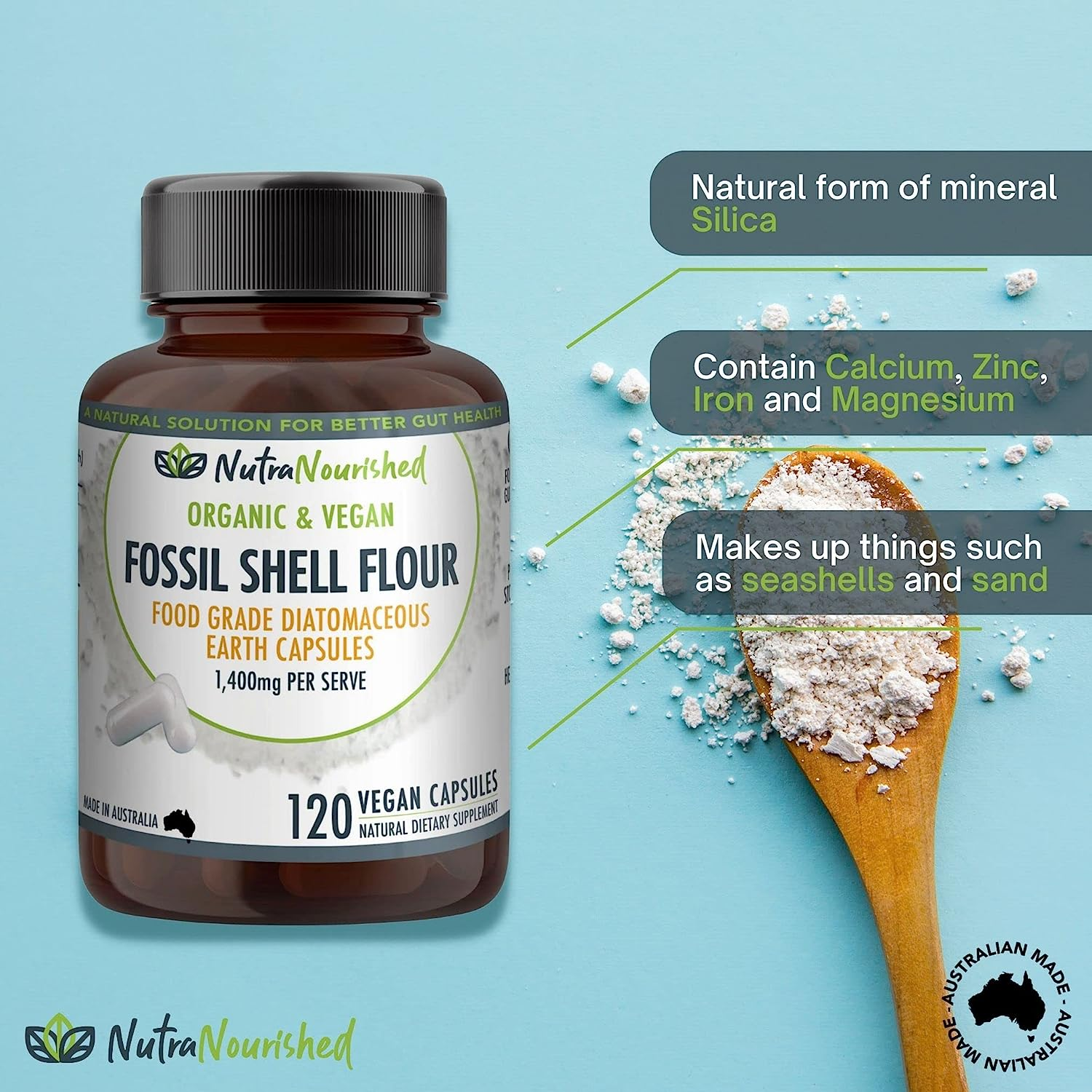 Fossil Shell Flour Capsules (120 Pills) - Vegan 1,400 Mg Food Grade Diatomaceous Earth Supplement for Digestive Health, Detoxification, and Silica-Rich Nutrition image number 2