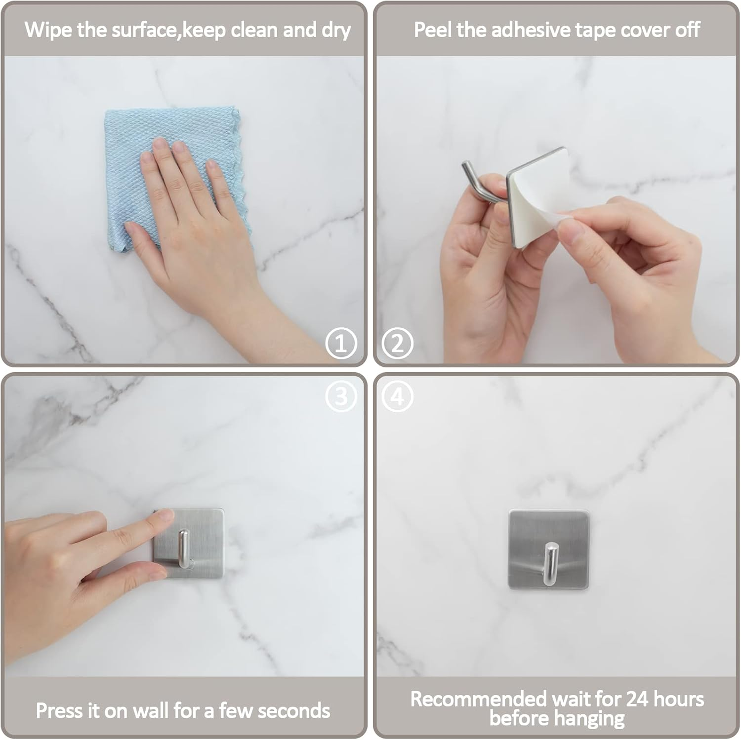 LIOUCBD 4PCS Adhesive Sticky Wall Hooks Heavy Duty, Long Stainless Steel Towel Hooks for Hanging Kitchen Bathroom Home, Waterproof Hook Wall Hanger Holder for Key Hat Coat Bag (White) image number 1